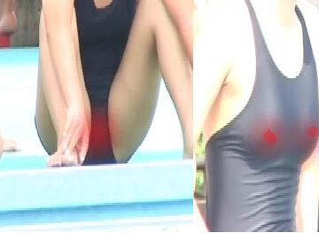 スクミ少女の競泳　飛び出る乳首
